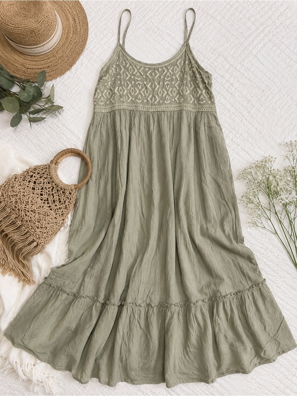 Sim & Sam Embroidered Sage Green Maxi Dress